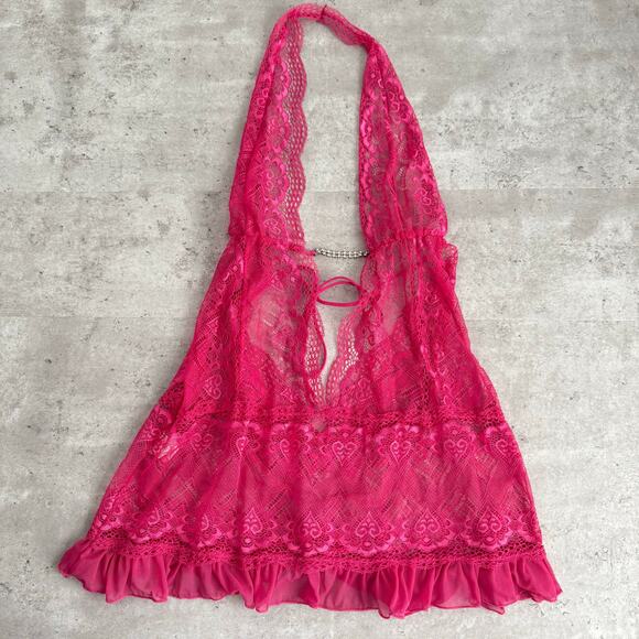 Vintage Shirley of Hollywood hot pink lace dress halter style size XL - Picture 5 of 7